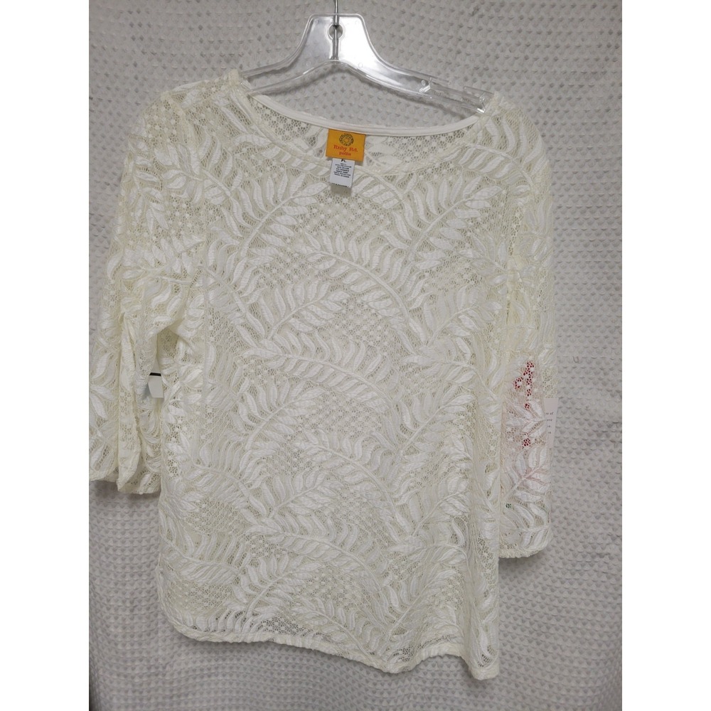 NWT Ruby Rd. Top Womens  PL White Lace LS Pullover Top Swiss Dots & Fern Pattern